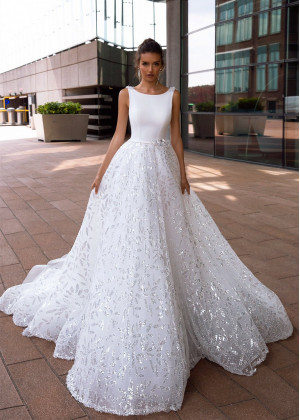 Boat Neck White Sequin Tulle Wedding Dress